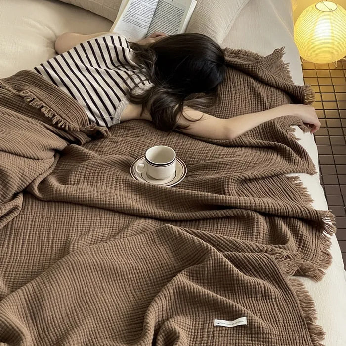 Crinkle Cotton Tassel Throw Blanket