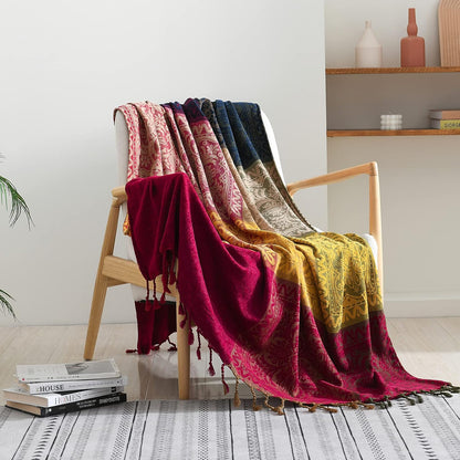 Bahar Red Chenille Blanket Tassel Sofa Cover