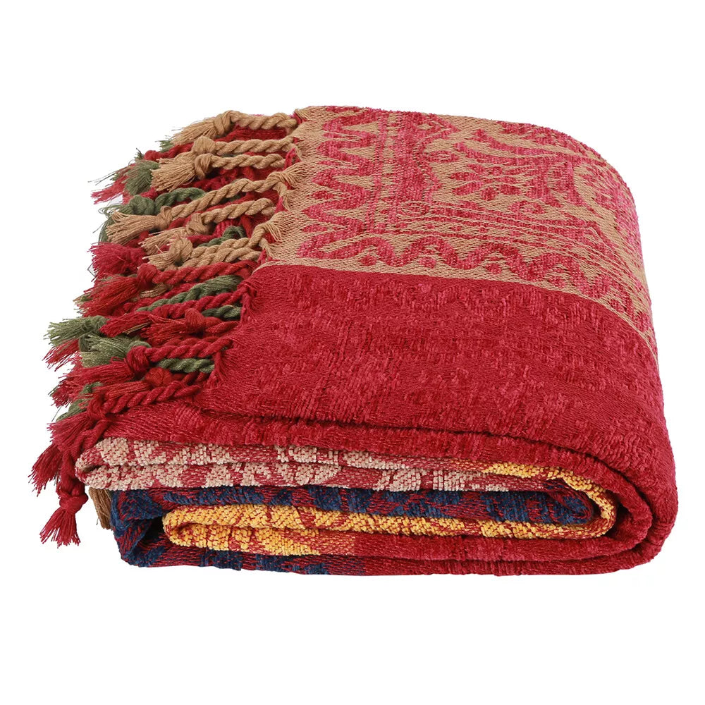 Bahar Red Chenille Blanket Tassel Sofa Cover