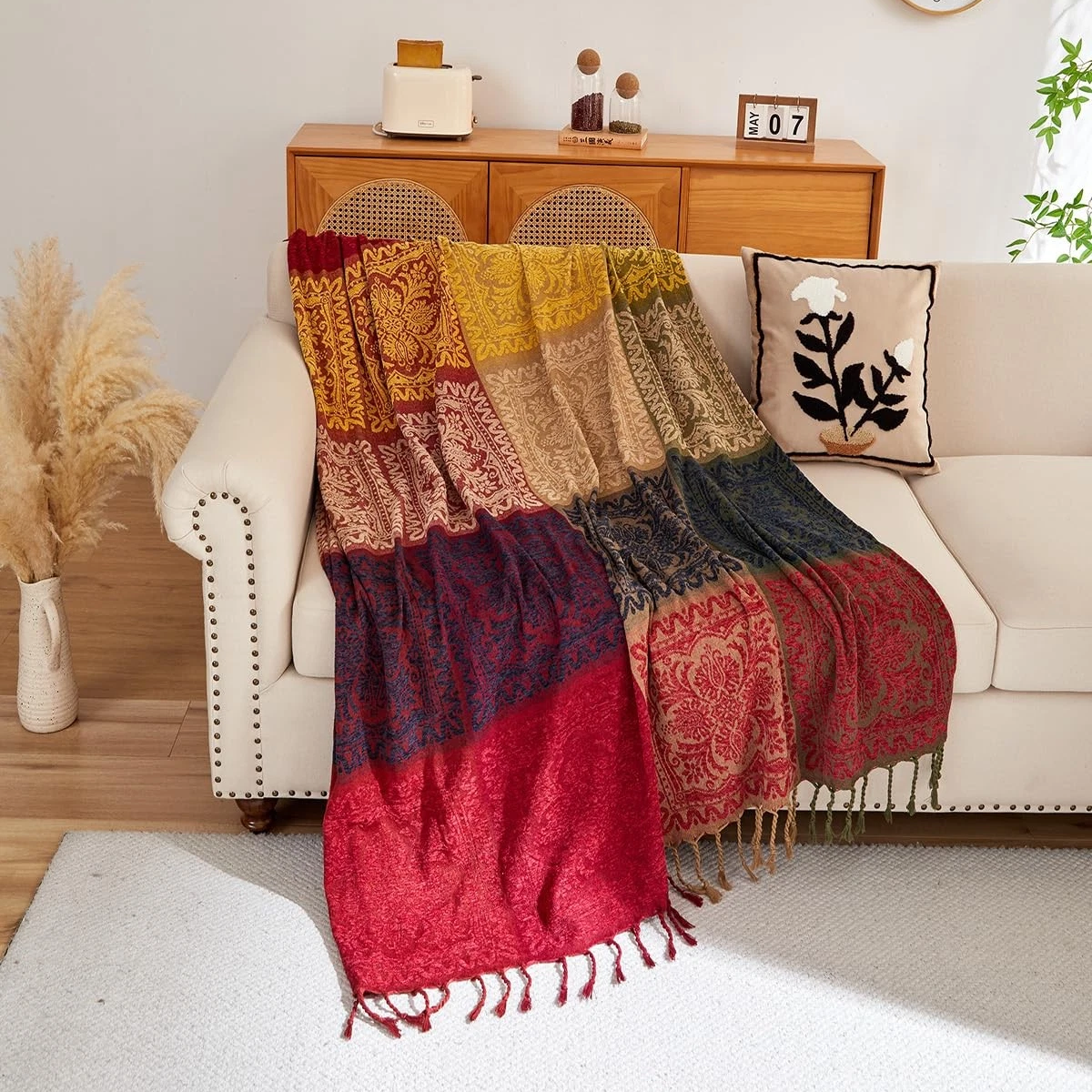 Bahar Red Chenille Blanket Tassel Sofa Cover